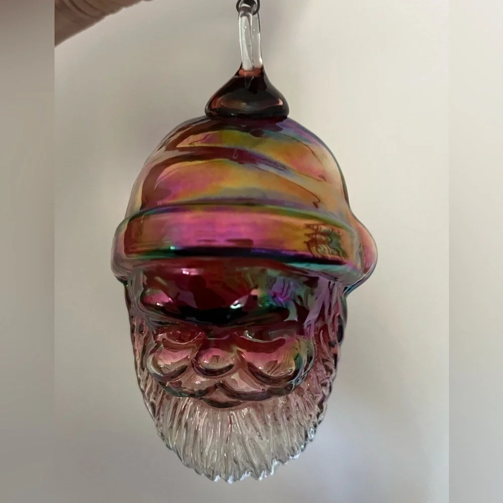 Iridescent Santa Head Thick Glass Ornament EUC